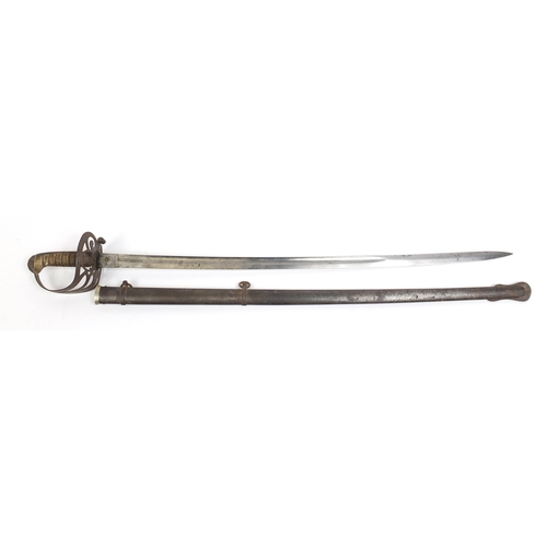 276 - British Military dress sword with scabbard and engraved steel blade, 102cm in length