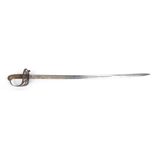 276 - British Military dress sword with scabbard and engraved steel blade, 102cm in length