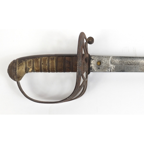 276 - British Military dress sword with scabbard and engraved steel blade, 102cm in length