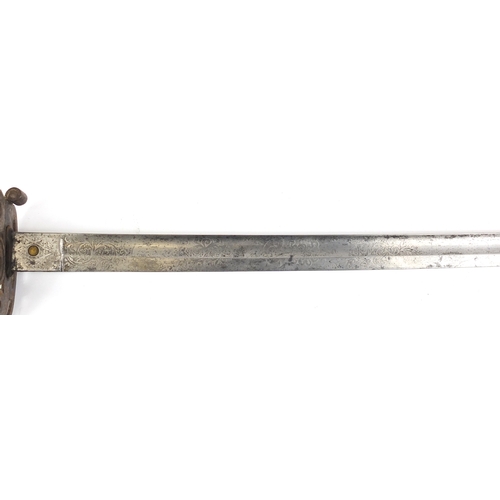 276 - British Military dress sword with scabbard and engraved steel blade, 102cm in length