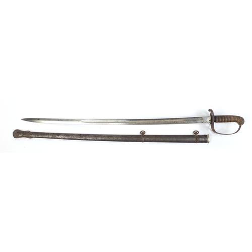 276 - British Military dress sword with scabbard and engraved steel blade, 102cm in length