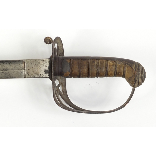 276 - British Military dress sword with scabbard and engraved steel blade, 102cm in length