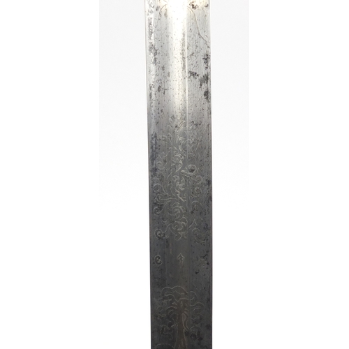 276 - British Military dress sword with scabbard and engraved steel blade, 102cm in length