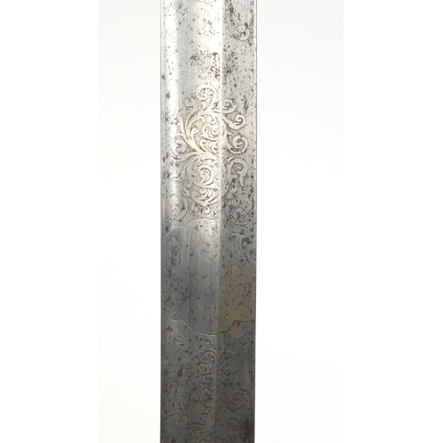 276 - British Military dress sword with scabbard and engraved steel blade, 102cm in length