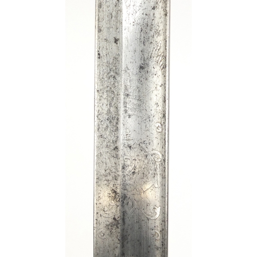 276 - British Military dress sword with scabbard and engraved steel blade, 102cm in length