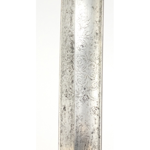 276 - British Military dress sword with scabbard and engraved steel blade, 102cm in length