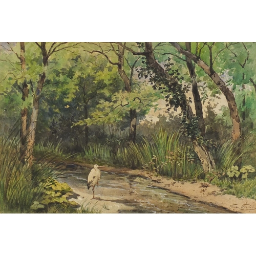 859 - Georges Gassies - Stork beside a river and trees, watercolour, mounted, unframed, 39cm x 27cm