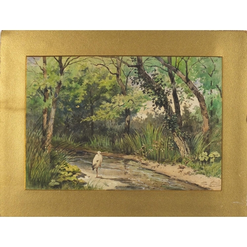 859 - Georges Gassies - Stork beside a river and trees, watercolour, mounted, unframed, 39cm x 27cm