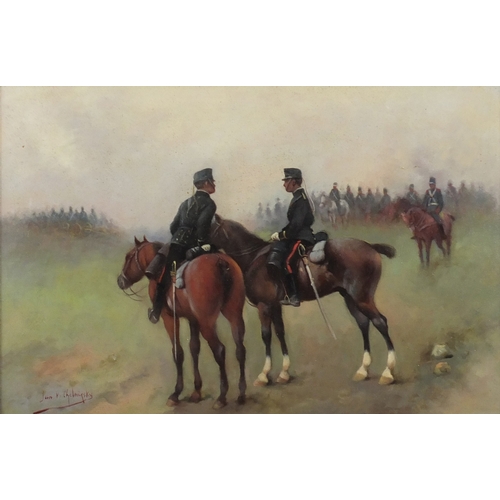 887 - Manner of Jan V Chelminsky - Soldiers on horsebacks, Polish school oil on board, mounted and framed,... 