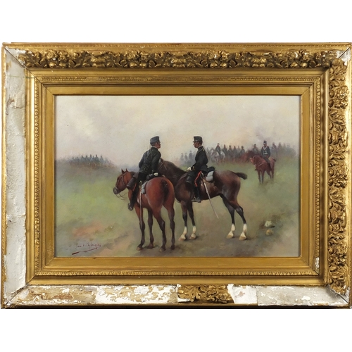 887 - Manner of Jan V Chelminsky - Soldiers on horsebacks, Polish school oil on board, mounted and framed,... 