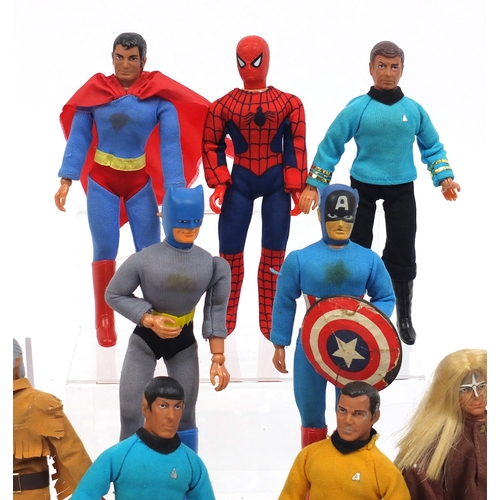 136 - Collection of 1970s Mego Corps action figures including Superman, Spiderman, Captain America, Star T... 