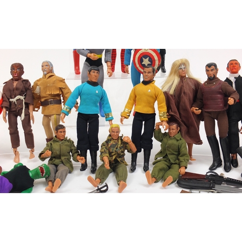 136 - Collection of 1970s Mego Corps action figures including Superman, Spiderman, Captain America, Star T... 