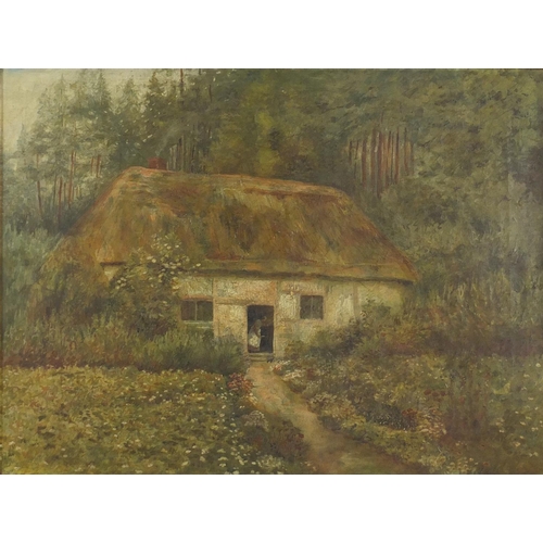 888 - Manner of Helen Allingham - Figure with a cat by a cottage, Victorian oil on canvas, framed, 40cm x ... 