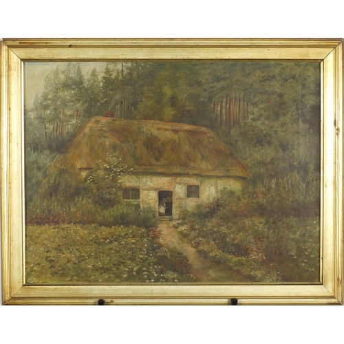 888 - Manner of Helen Allingham - Figure with a cat by a cottage, Victorian oil on canvas, framed, 40cm x ... 