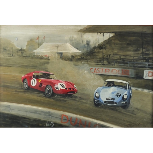 898 - G A Pookson '63 - 1960's Jaguar racing cars on motor circuit, watercolour and gouache, 74cm x 50cm