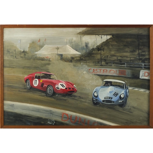 898 - G A Pookson '63 - 1960's Jaguar racing cars on motor circuit, watercolour and gouache, 74cm x 50cm