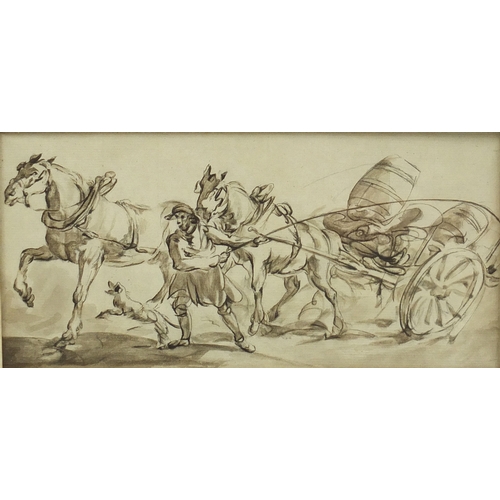 862 - Horse drawn cart, 18th century old master ink and wash, mounted and framed, 21cm x 10cm