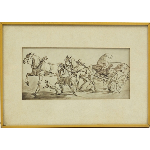 862 - Horse drawn cart, 18th century old master ink and wash, mounted and framed, 21cm x 10cm