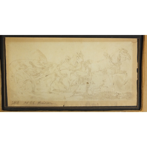 862 - Horse drawn cart, 18th century old master ink and wash, mounted and framed, 21cm x 10cm