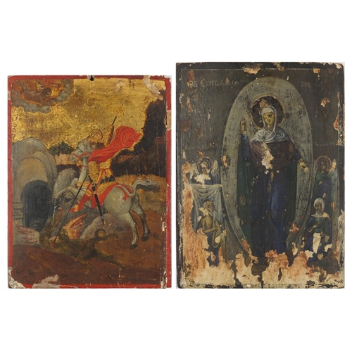 757 - George and the Dragon and Madonna, two 18/19th century Russian Orthodox icons, oil on panels, the la... 