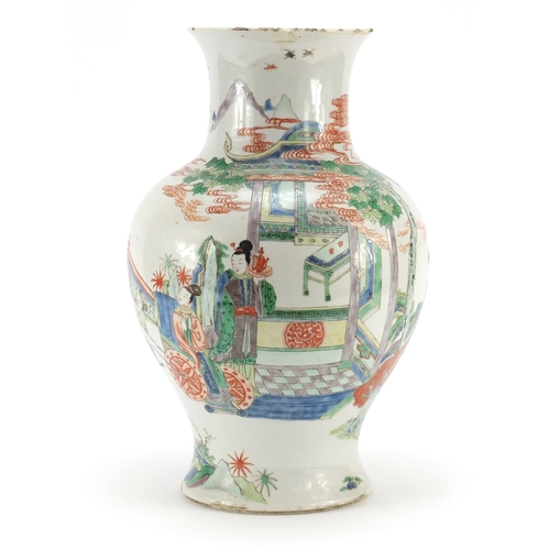 302a - Large Chinese porcelain baluster vase, hand painted in the famille verte palette with figures in a p... 