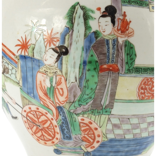 302a - Large Chinese porcelain baluster vase, hand painted in the famille verte palette with figures in a p... 