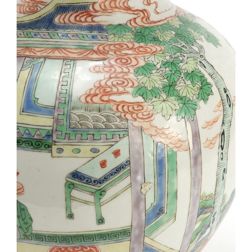 302a - Large Chinese porcelain baluster vase, hand painted in the famille verte palette with figures in a p... 