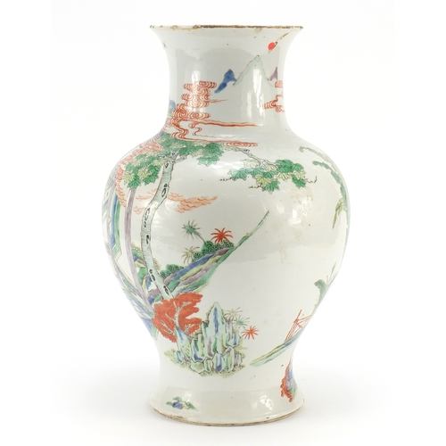 302a - Large Chinese porcelain baluster vase, hand painted in the famille verte palette with figures in a p... 