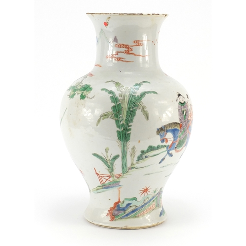 302a - Large Chinese porcelain baluster vase, hand painted in the famille verte palette with figures in a p... 