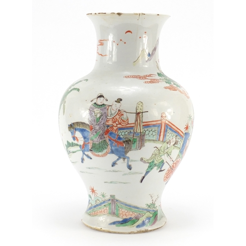 302a - Large Chinese porcelain baluster vase, hand painted in the famille verte palette with figures in a p... 