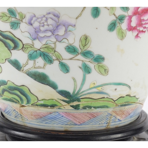 305a - Chinese porcelain vase with carved hardwood lid and stand, finely hand painted in the famille rose p... 