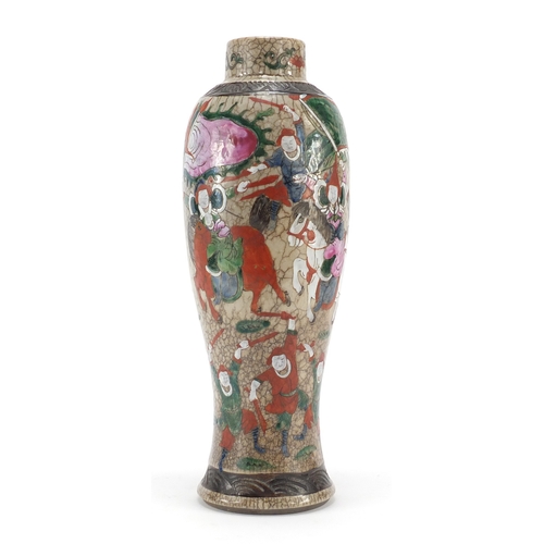 330a - Large Chinese crackle glazed vase, hand painted with warriors, character marks to the base, 31.5cm h... 