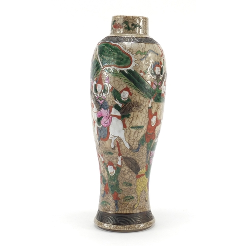 330a - Large Chinese crackle glazed vase, hand painted with warriors, character marks to the base, 31.5cm h... 