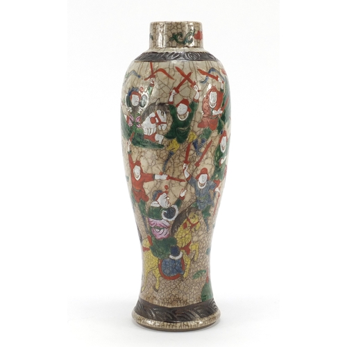 330a - Large Chinese crackle glazed vase, hand painted with warriors, character marks to the base, 31.5cm h... 