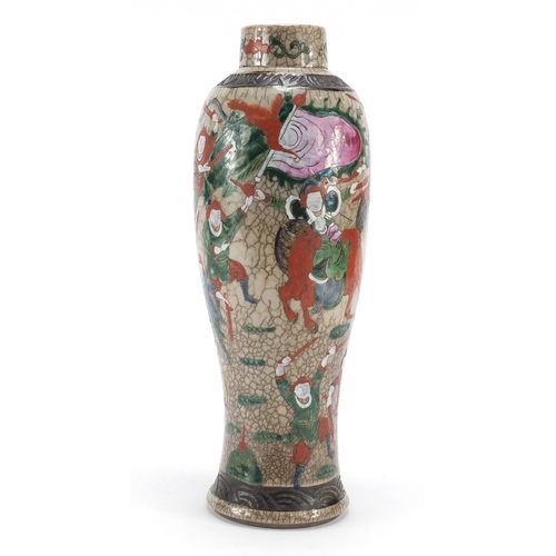 330a - Large Chinese crackle glazed vase, hand painted with warriors, character marks to the base, 31.5cm h... 