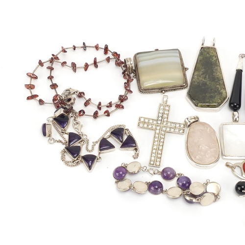2677 - Group of silver jewellery mostly set with semi-precious stones including necklaces, bracelets and pe... 