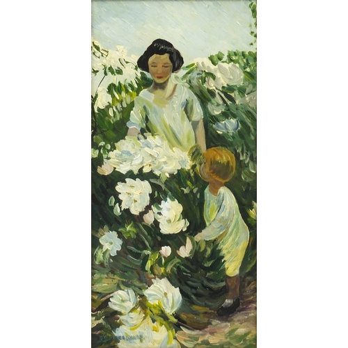 740a - Attributed to Dorothea Sharp - Mother and child picking flowers, oil on board, label verso, mounted ... 