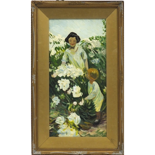 740a - Attributed to Dorothea Sharp - Mother and child picking flowers, oil on board, label verso, mounted ... 