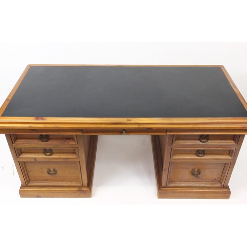 159 - Large pine twin pedestal desk fitted with seven drawers, Pine Of Time plaque to the back, 87cm H x 1... 