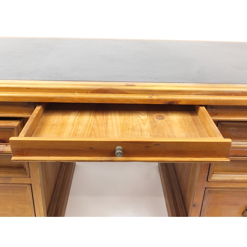 159 - Large pine twin pedestal desk fitted with seven drawers, Pine Of Time plaque to the back, 87cm H x 1... 