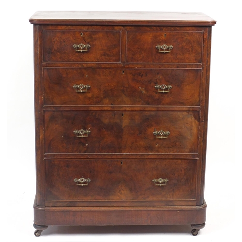 21 - Victorian walnut five drawer chest fitted with two short above three long graduated drawers, 132cm H... 