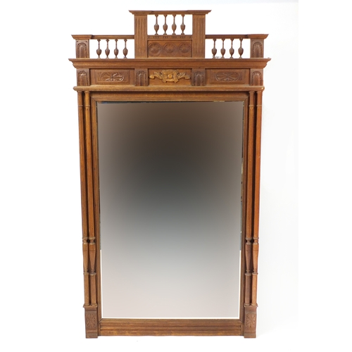 59 - Large carved walnut over mantle mirror, 159cm x 88cm