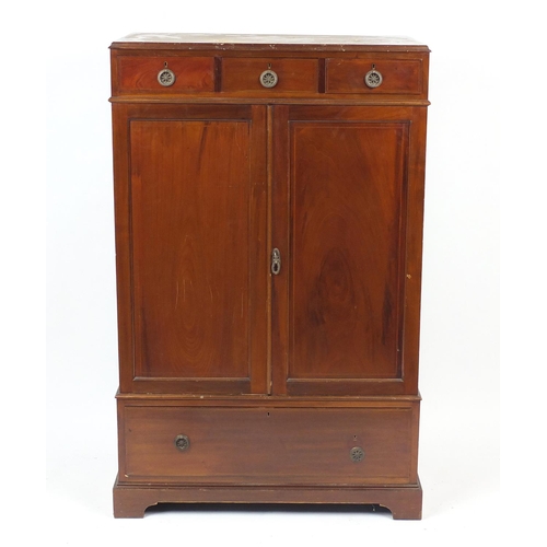 44 - Edwardian inlaid mahogany tall boy fitted with three drawers above a pair of cupboard doors enclosin... 