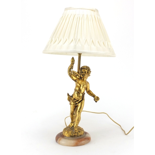 197 - Gilt plaster putti table lamp with onyx base and Laura Ashley shade, 45cm high