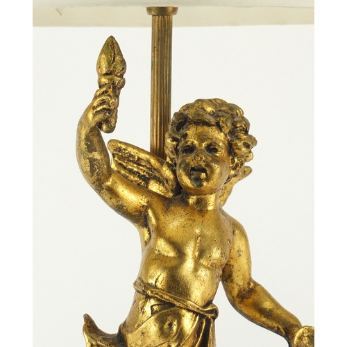 197 - Gilt plaster putti table lamp with onyx base and Laura Ashley shade, 45cm high