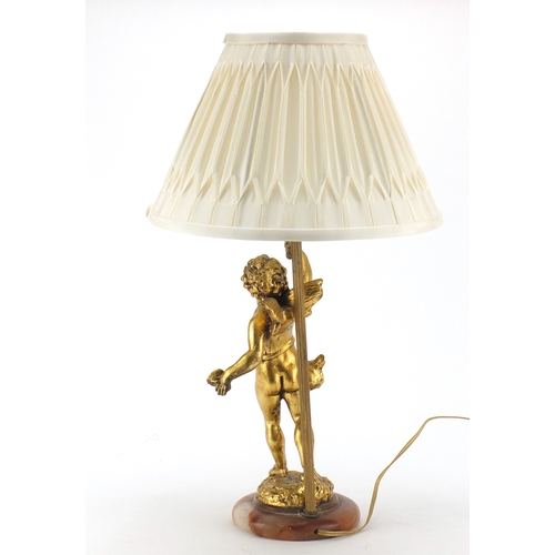 197 - Gilt plaster putti table lamp with onyx base and Laura Ashley shade, 45cm high