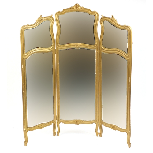 2041 - 19th century gilt wood three fold mirrored screen, 163cm high x 244cm wide
