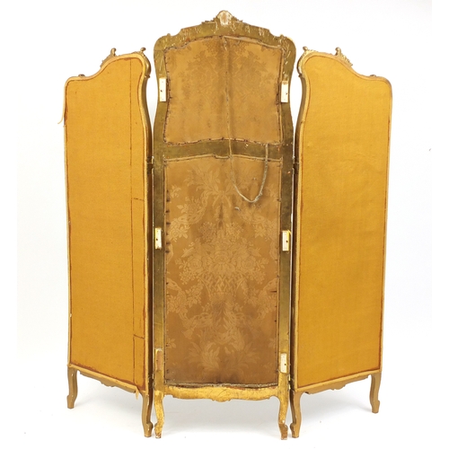 2041 - 19th century gilt wood three fold mirrored screen, 163cm high x 244cm wide
