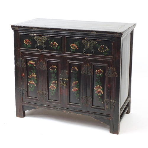 2014 - Chinese painted two door side cabinet, with two drawers above a pair of folding cupboard doors, 89cm... 