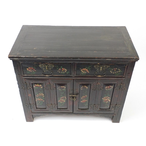 2014 - Chinese painted two door side cabinet, with two drawers above a pair of folding cupboard doors, 89cm... 